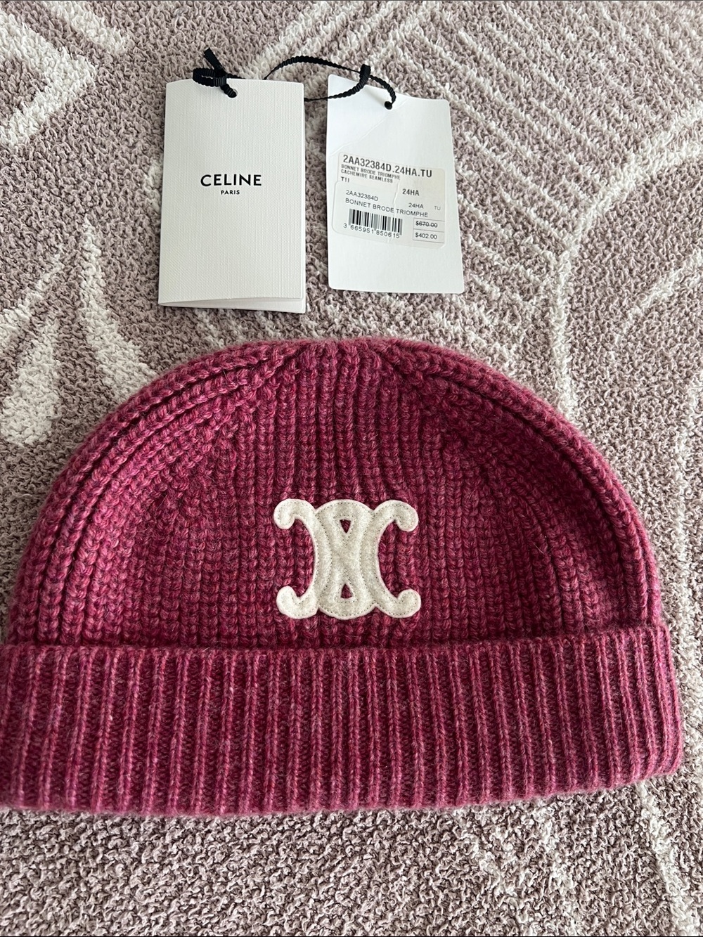 Celine 100% Cashmere Ribbed Beanie Hat - Berry Pink with Cream Logo